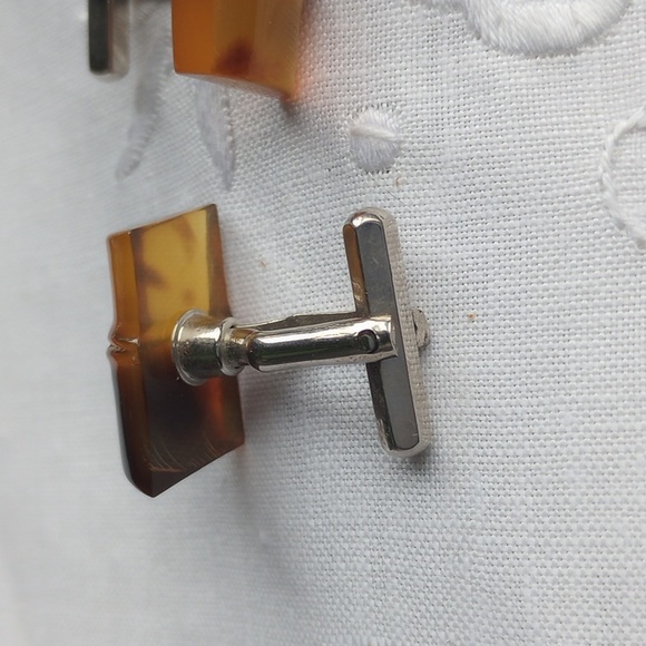 Cufflinks tortoiseshell Lucite on Silver Tone, Bamboo - Picture 3 of 4